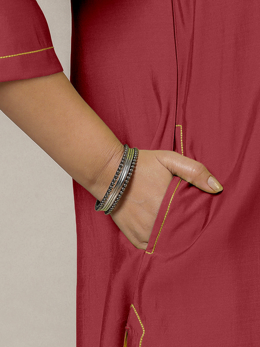 Alisha x Rozaana Kurta, in Red Viscose, featuring three quarter sleeves and v-neckline, made for daily & work (view 4).