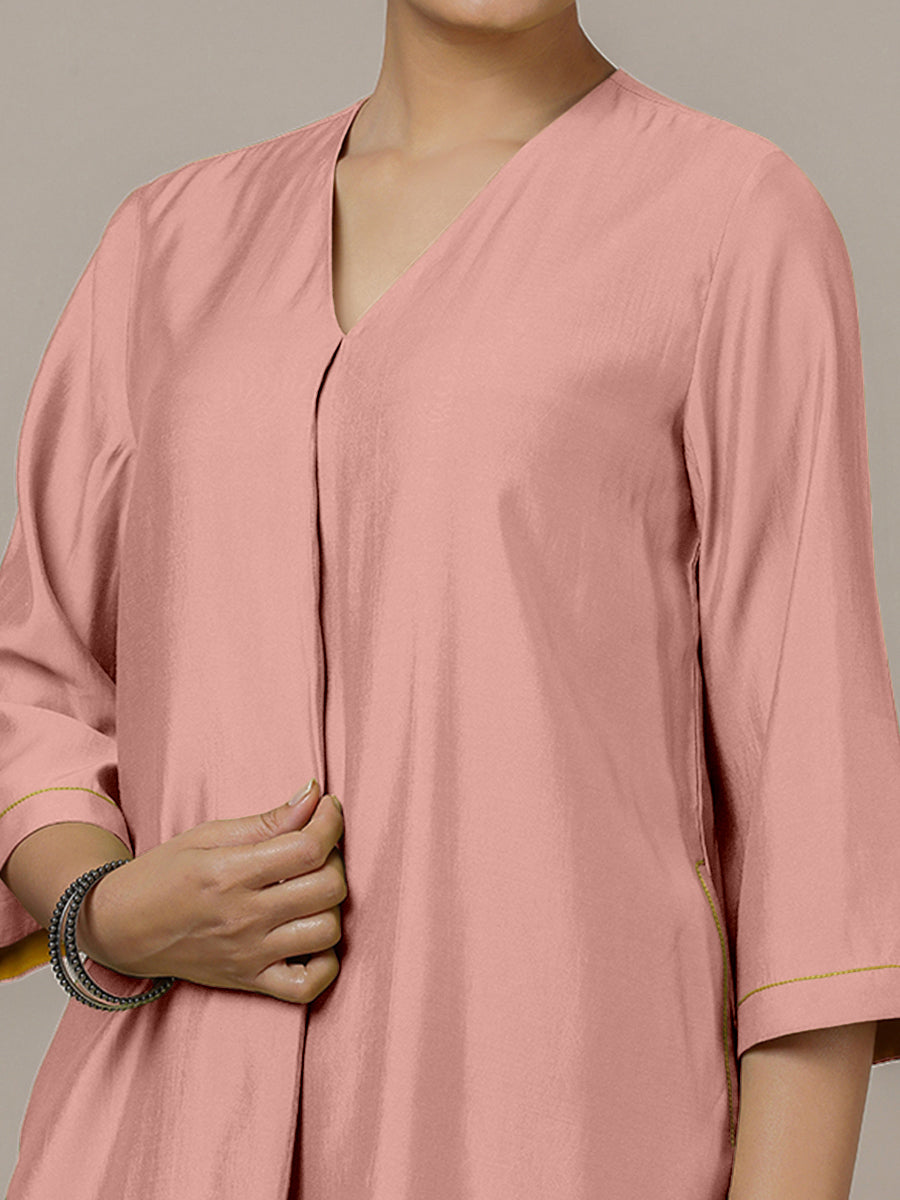 Alisha x Rozaana Kurta, in Pink Viscose, featuring three quarter sleeves and v-neckline, made for daily & work (view 3).