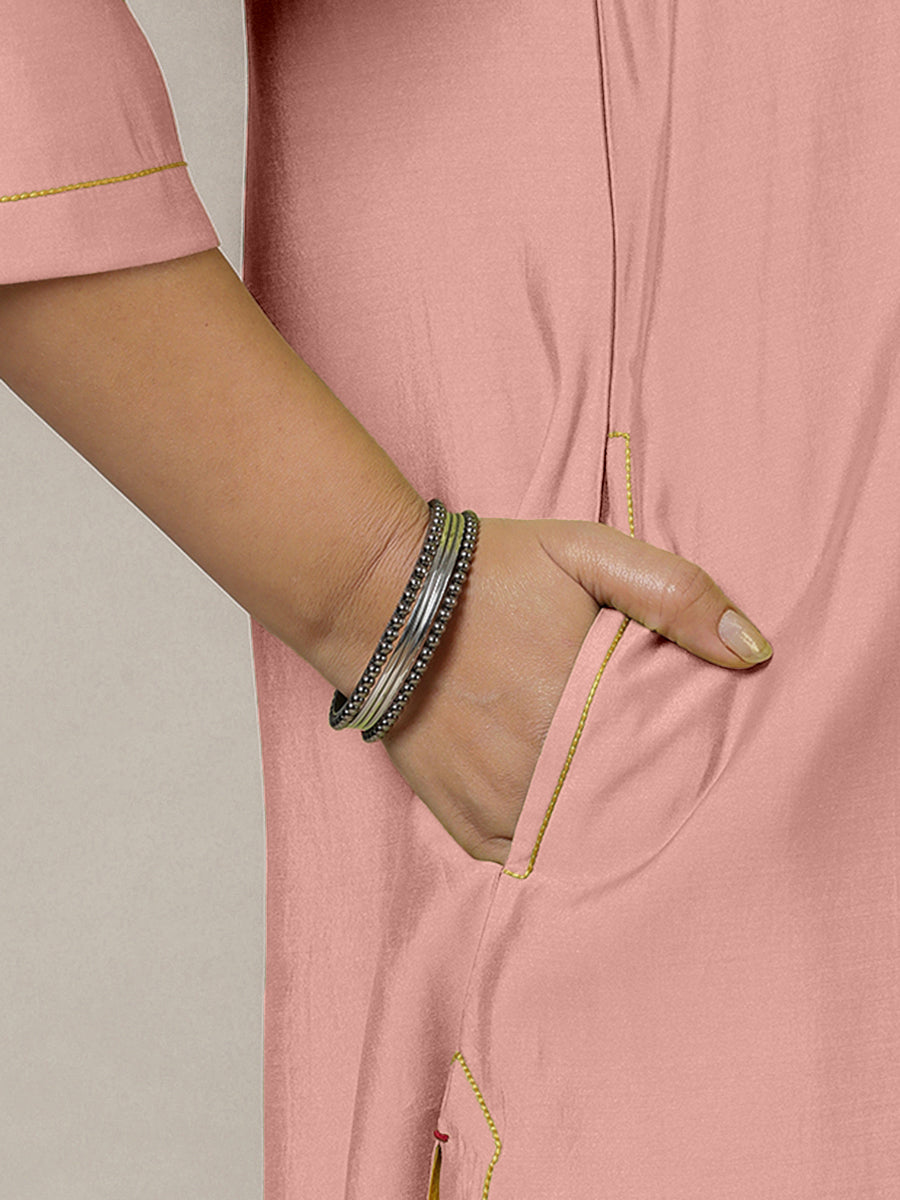 Alisha x Rozaana Kurta, in Pink Viscose, featuring three quarter sleeves and v-neckline, made for daily & work (view 4).