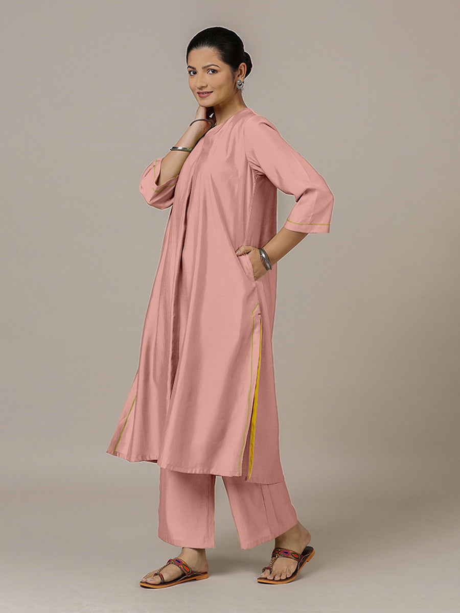 Alisha x Rozaana Kurta, in Pink Viscose, featuring three quarter sleeves and v-neckline, made for daily & work (view 8).