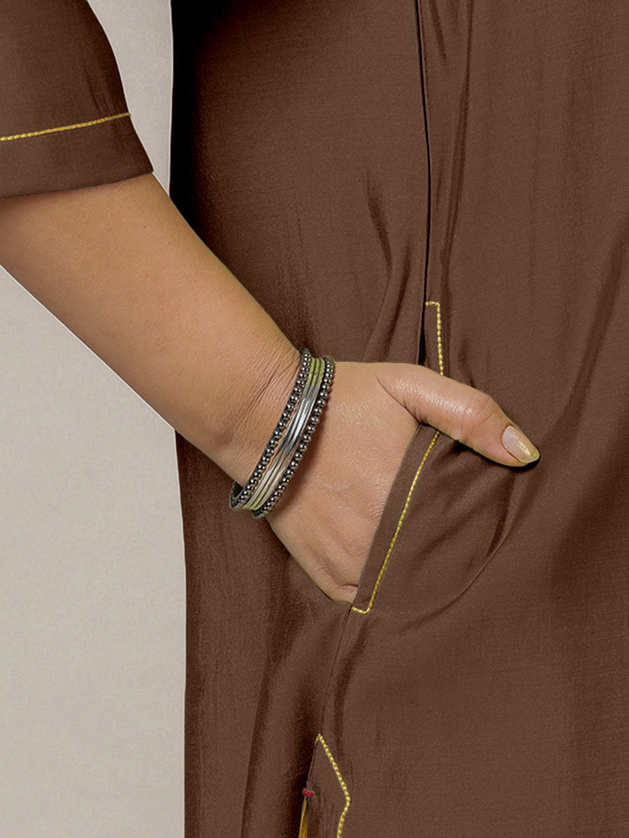 Alisha x Rozaana Kurta, in Brown Viscose, featuring three quarter sleeves and v-neckline, made for daily & work (view 4).