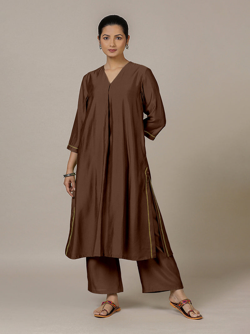 Alisha x Rozaana | A Line Kurta in Walnut Brown with Thread Work | Coords or Only Kurta-Binks