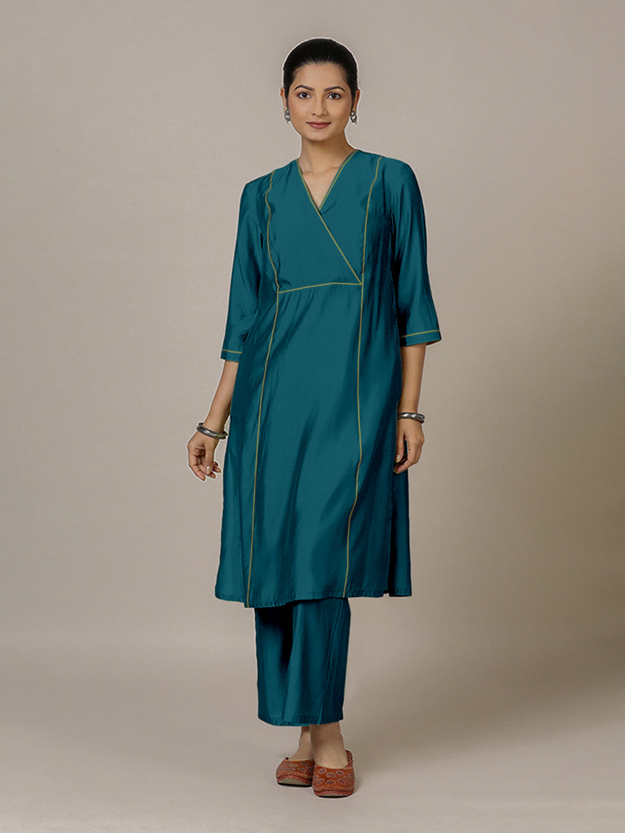 Amal x Rozaana Kurta, in Blue Viscose, featuring three quarter sleeves and overlap v-neckline, made for daily & work.