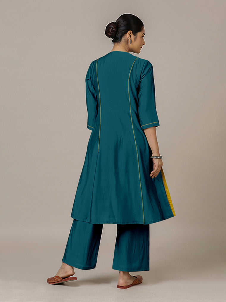 Amal x Rozaana Kurta, in Blue Viscose, featuring three quarter sleeves and overlap v-neckline, made for daily & work (view 2).