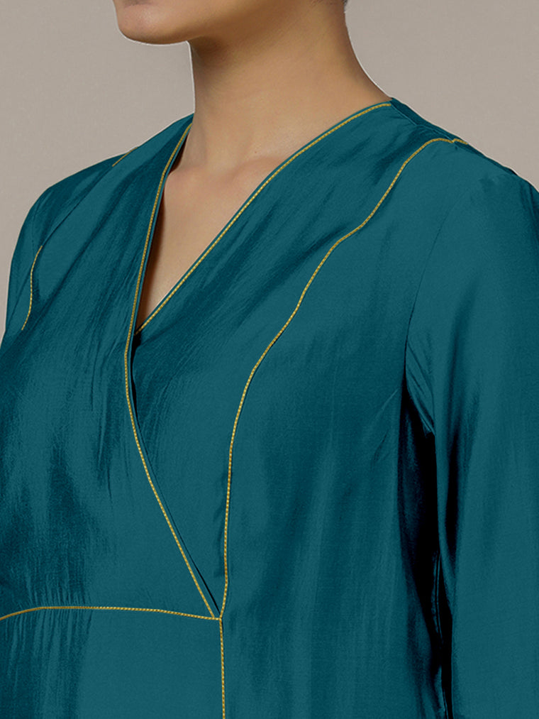Amal x Rozaana Kurta, in Blue Viscose, featuring three quarter sleeves and overlap v-neckline, made for daily & work (view 3).