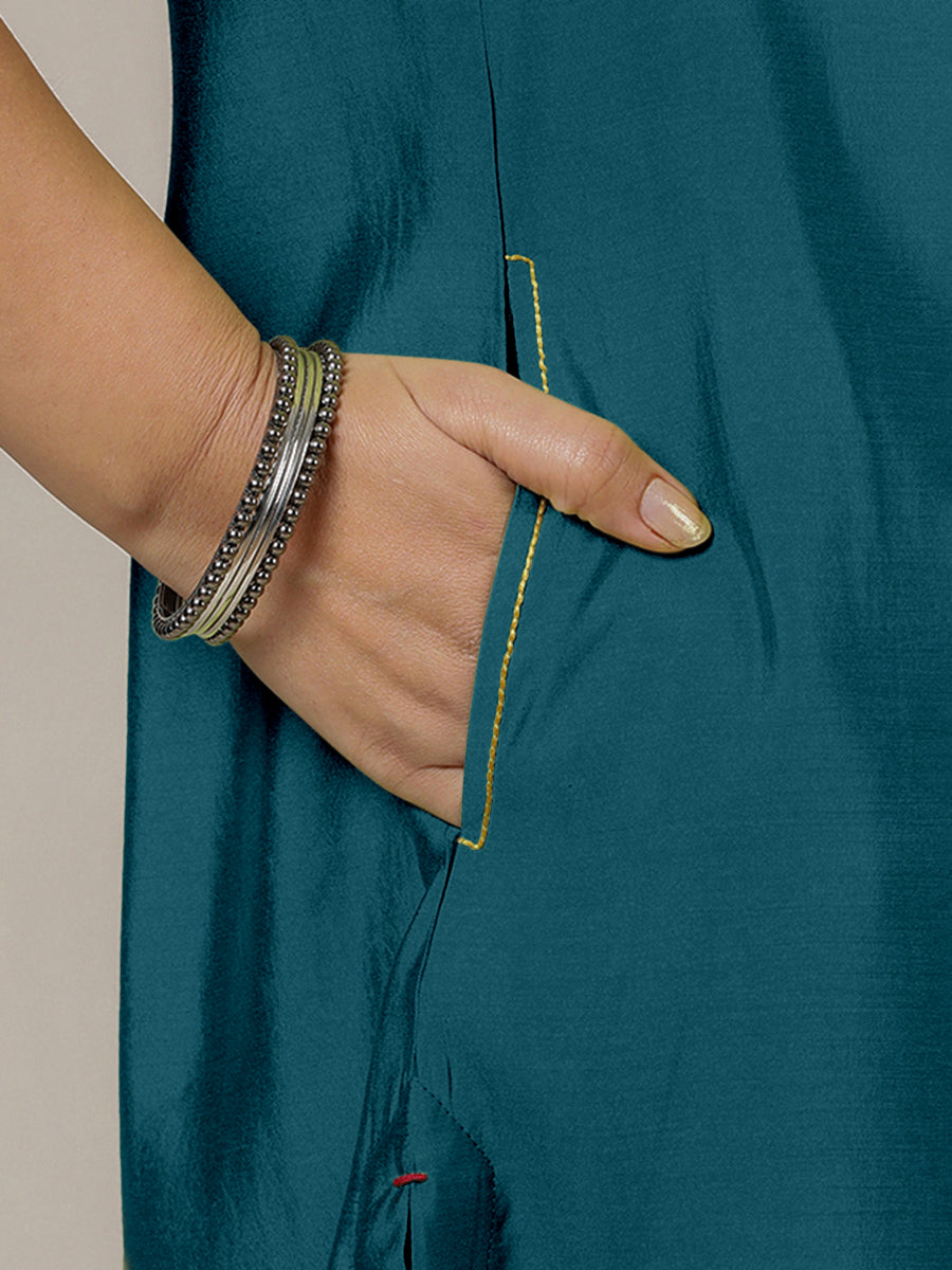 Amal x Rozaana Kurta, in Blue Viscose, featuring three quarter sleeves and overlap v-neckline, made for daily & work (view 4).