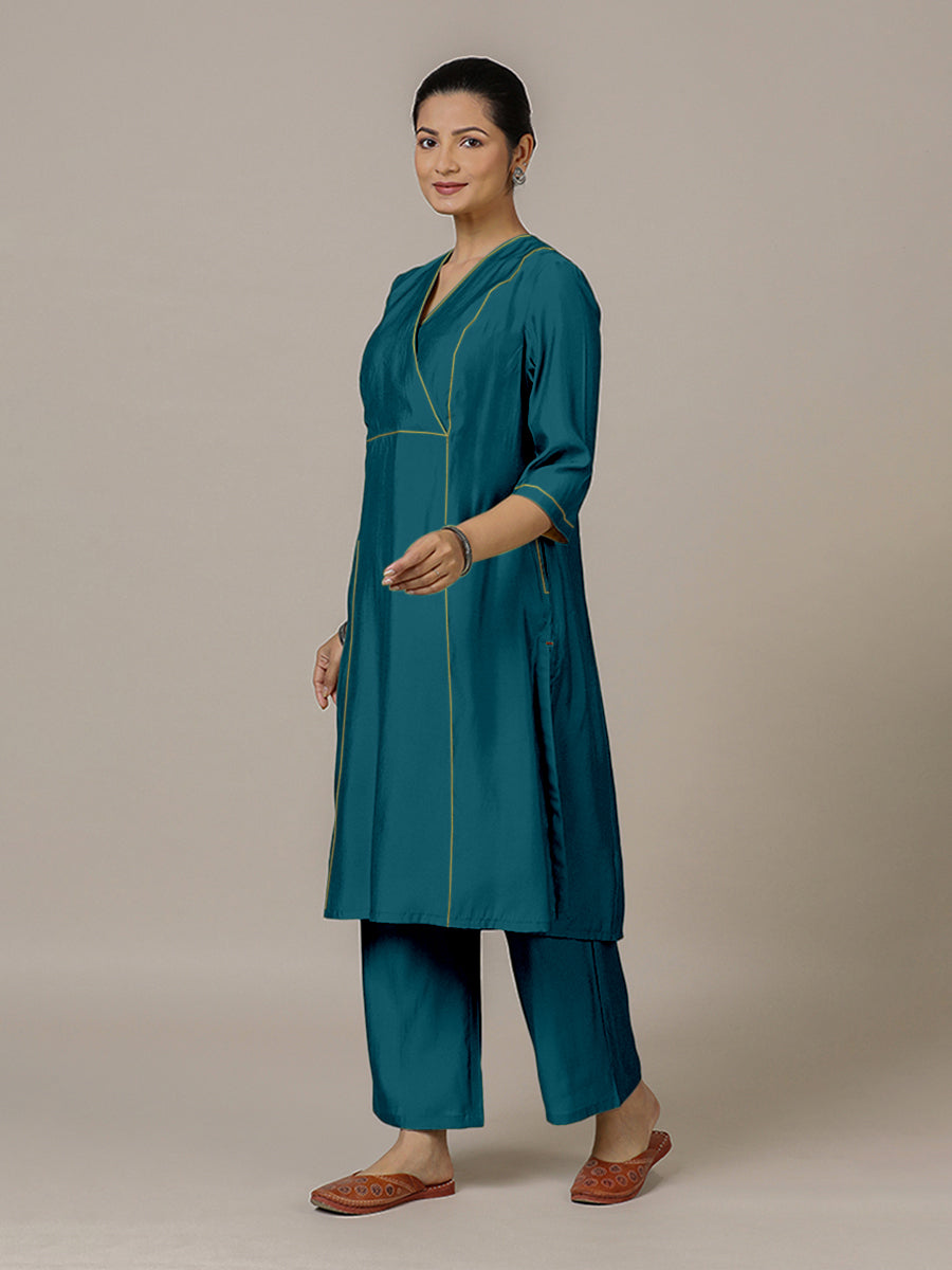 Amal x Rozaana Kurta, in Blue Viscose, featuring three quarter sleeves and overlap v-neckline, made for daily & work (view 8).