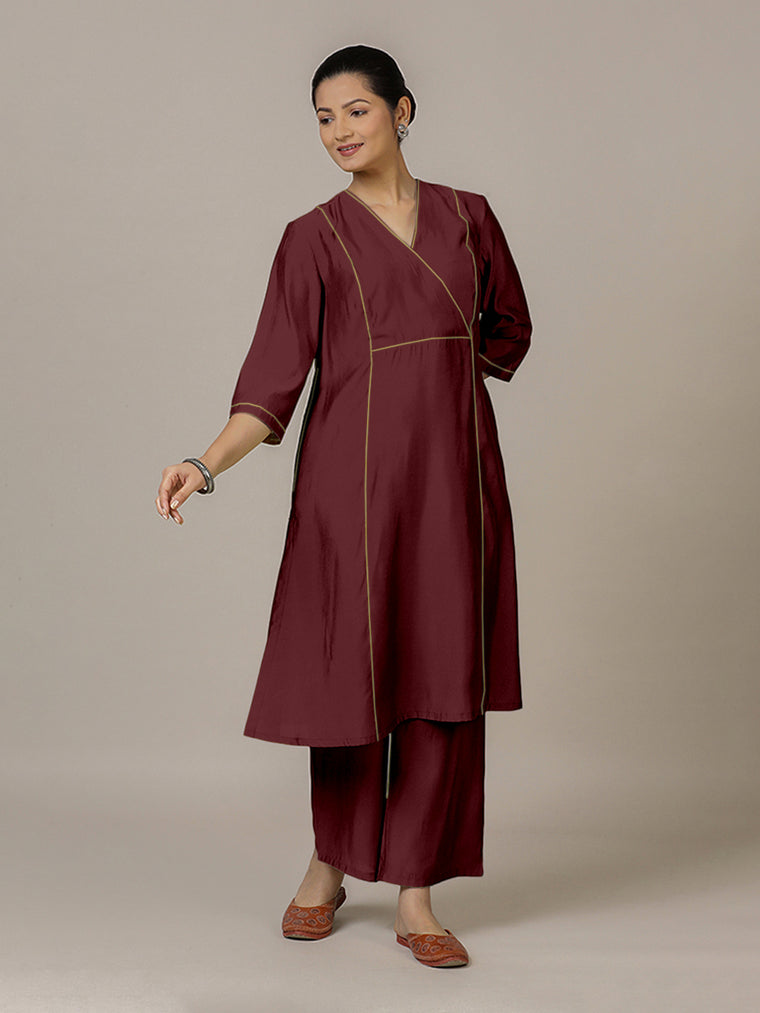 Amal x Rozaana Kurta, in Maroon Viscose, featuring three quarter sleeves and overlap v-neckline, made for daily & work.