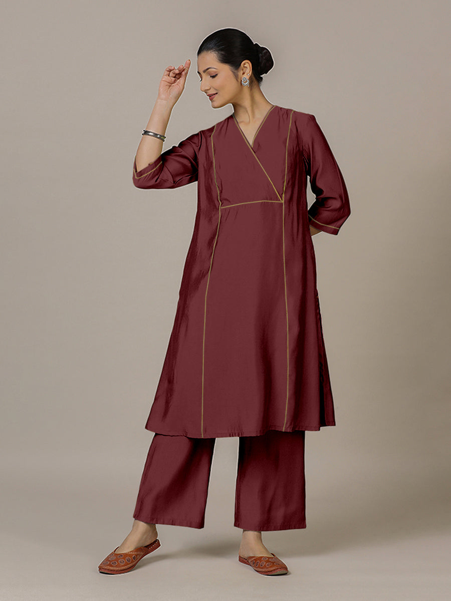 Amal x Rozaana Kurta, in Maroon Viscose, featuring three quarter sleeves and overlap v-neckline, made for daily & work (view 6).