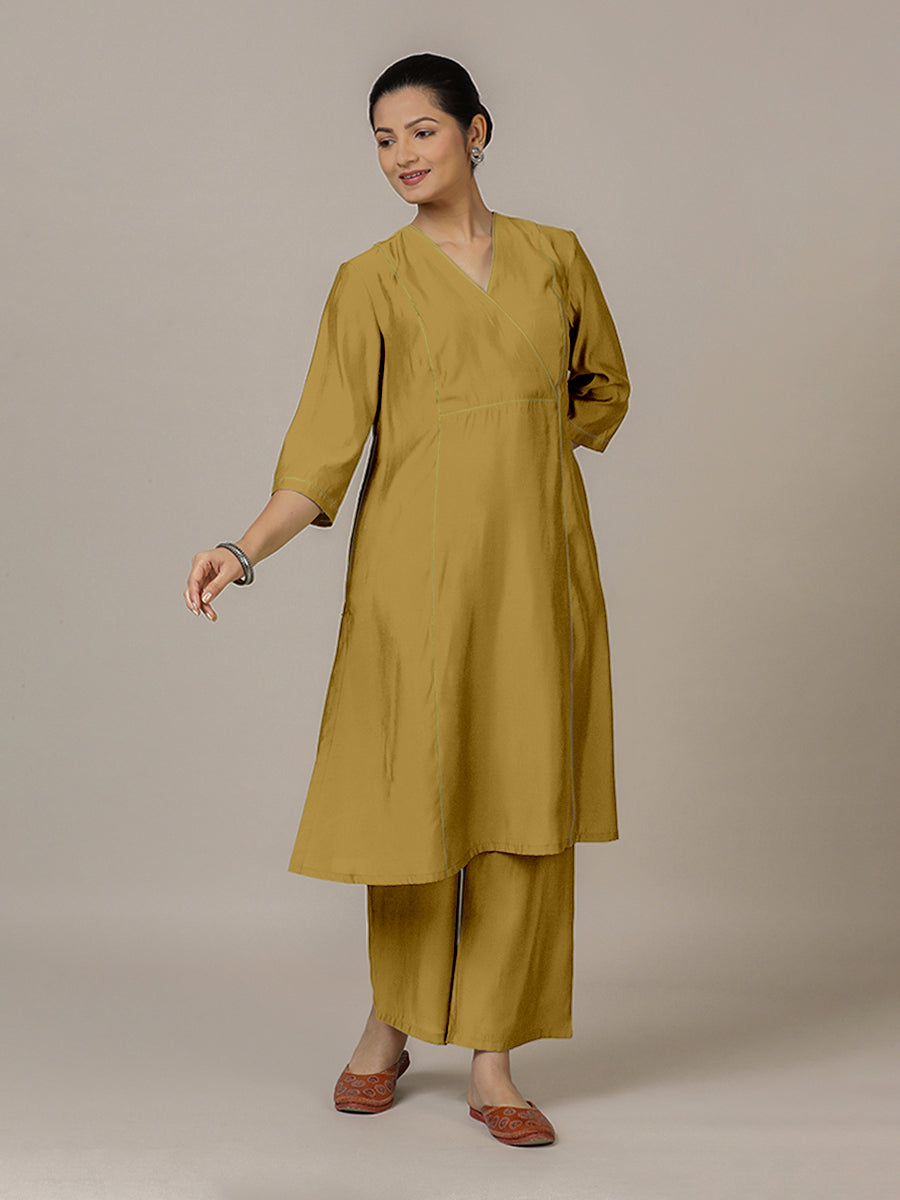 Amal x Rozaana Kurta, in Yellow Viscose, featuring three quarter sleeves and overlap v-neckline, made for daily & work (view 5).