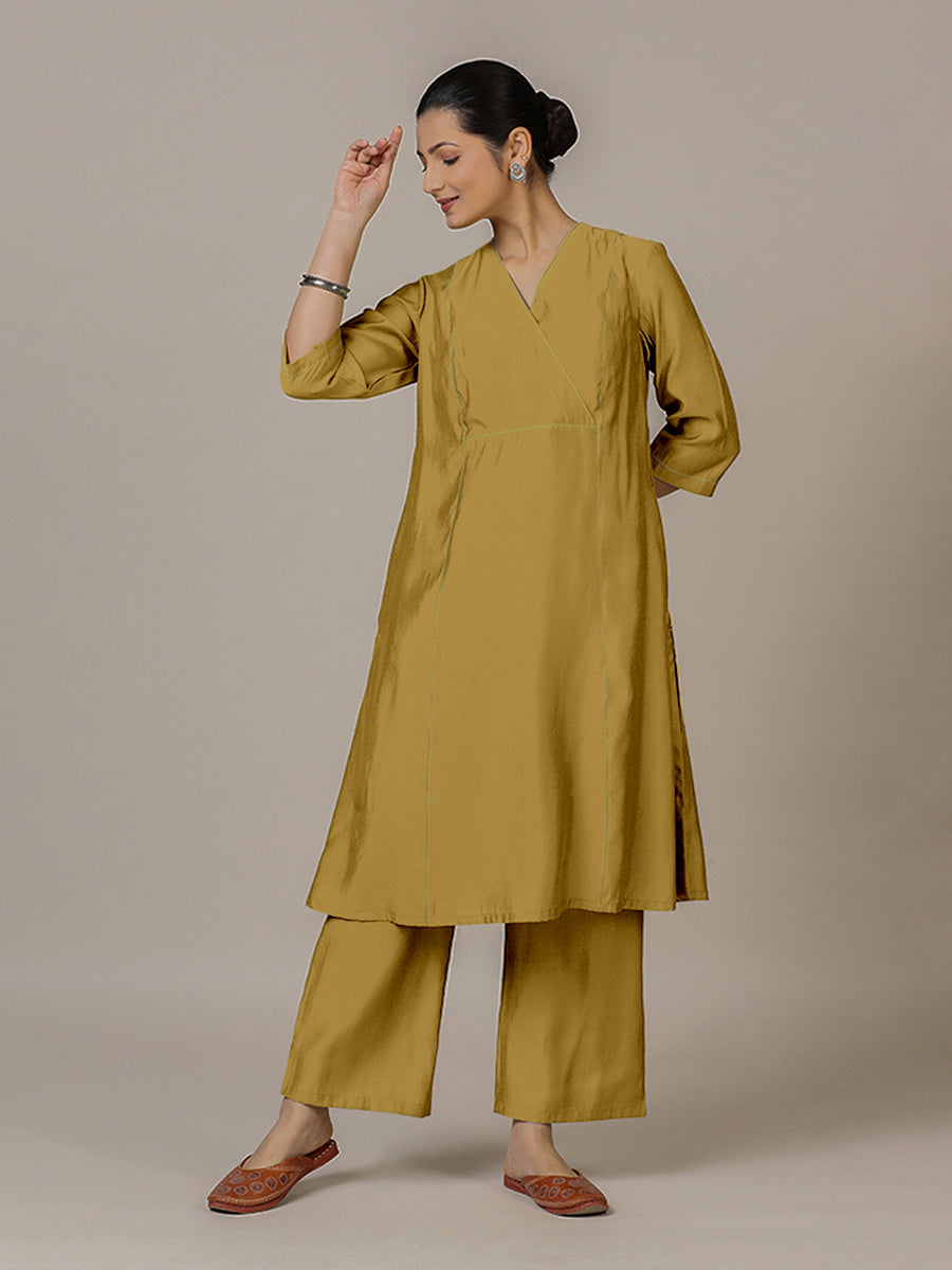 Amal x Rozaana Kurta, in Yellow Viscose, featuring three quarter sleeves and overlap v-neckline, made for daily & work (view 6).