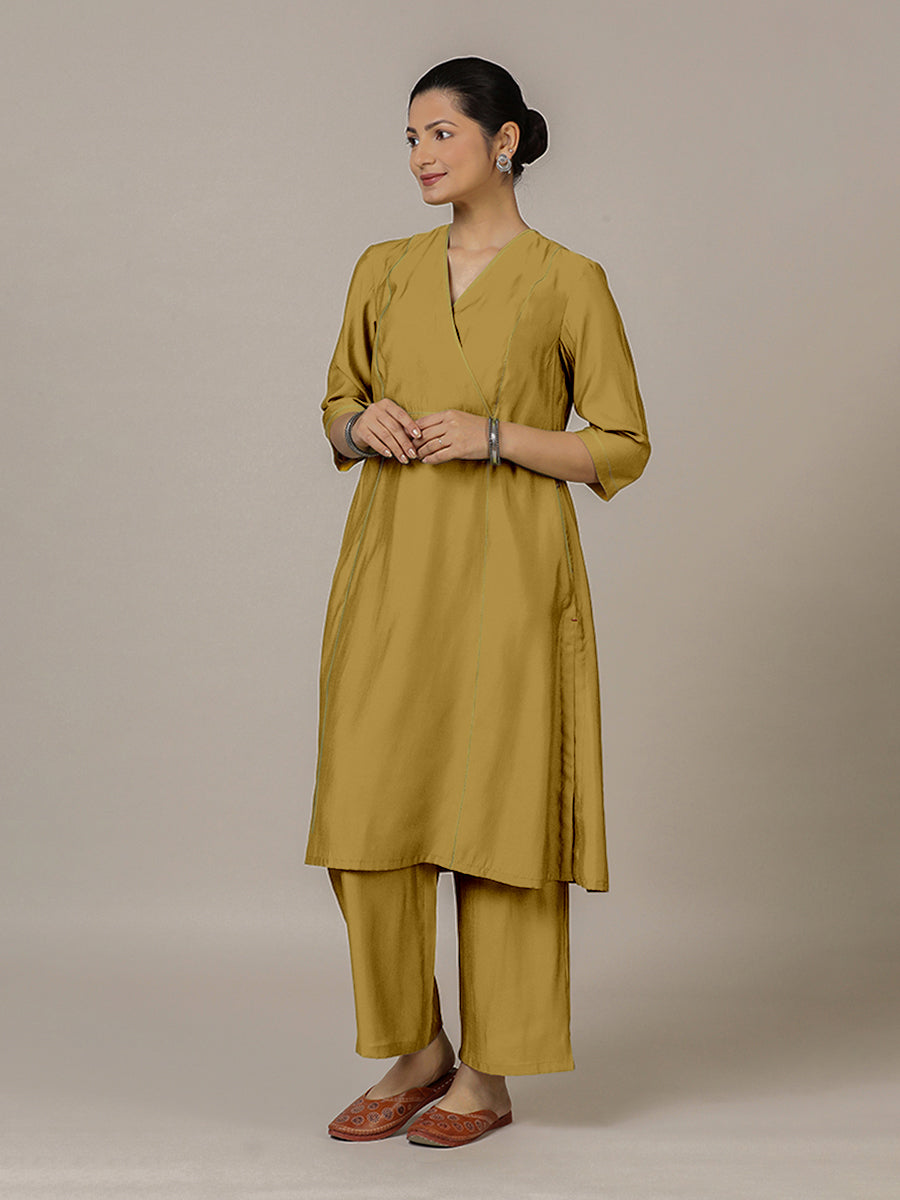Amal x Rozaana Kurta, in Yellow Viscose, featuring three quarter sleeves and overlap v-neckline, made for daily & work (view 8).