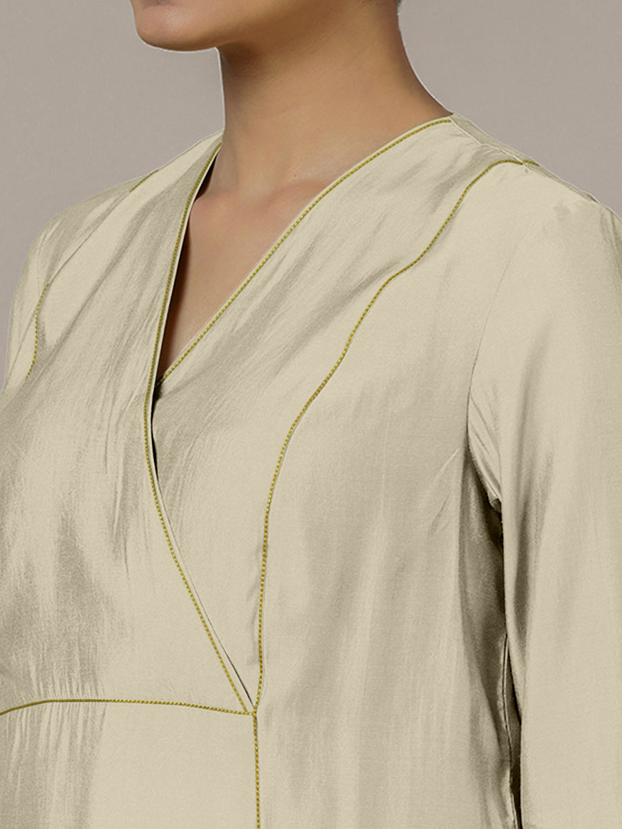 Amal x Rozaana Kurta, in Cream Viscose, featuring three quarter sleeves and overlap v-neckline, made for daily & work (view 3).