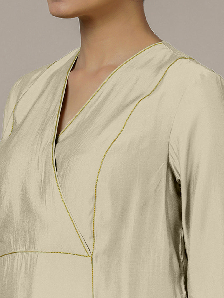 Amal x Rozaana Kurta, in Cream Viscose, featuring three quarter sleeves and overlap v-neckline, made for daily & work (view 3).