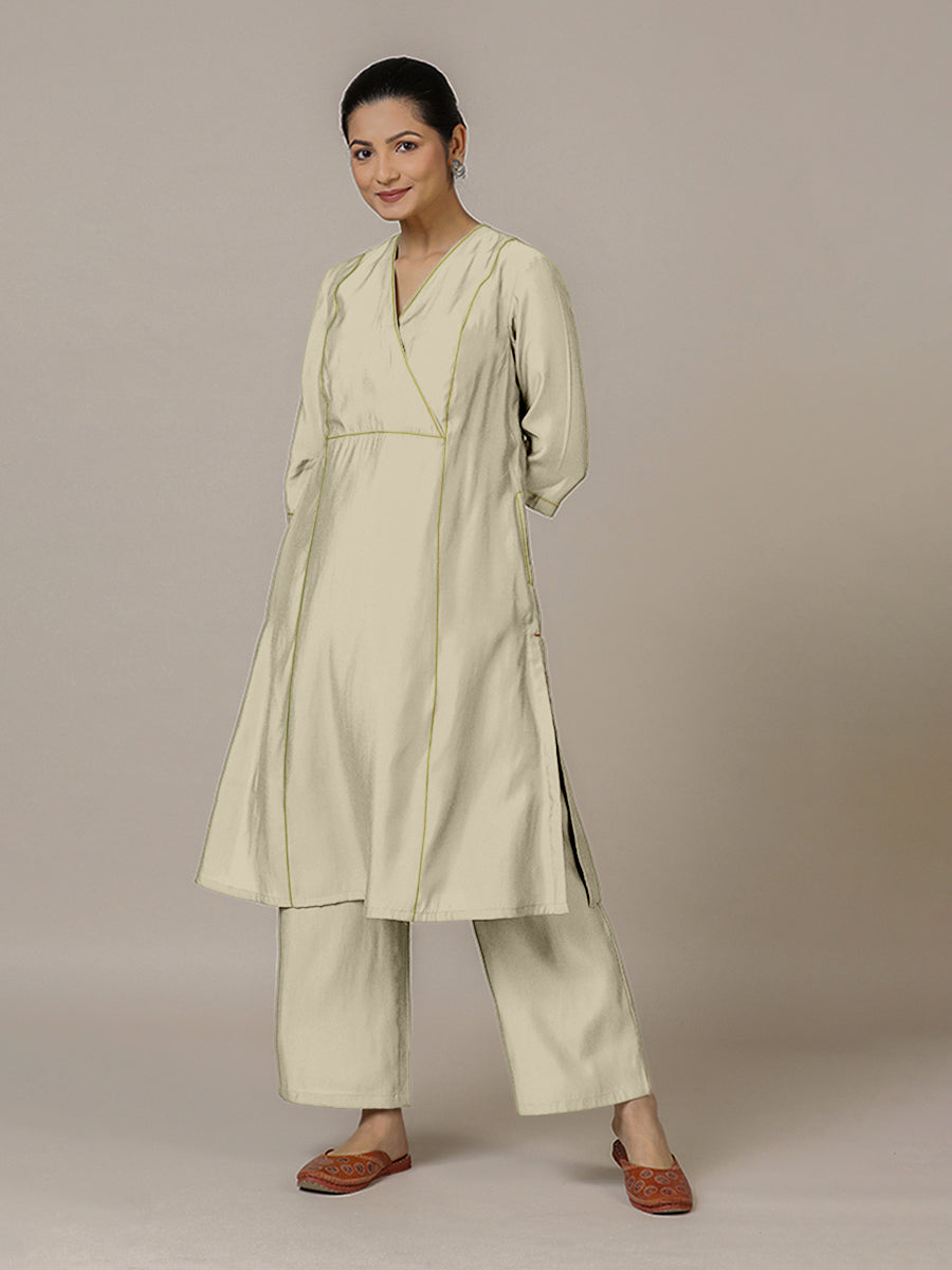 Amal x Rozaana Kurta, in Cream Viscose, featuring three quarter sleeves and overlap v-neckline, made for daily & work (view 6).