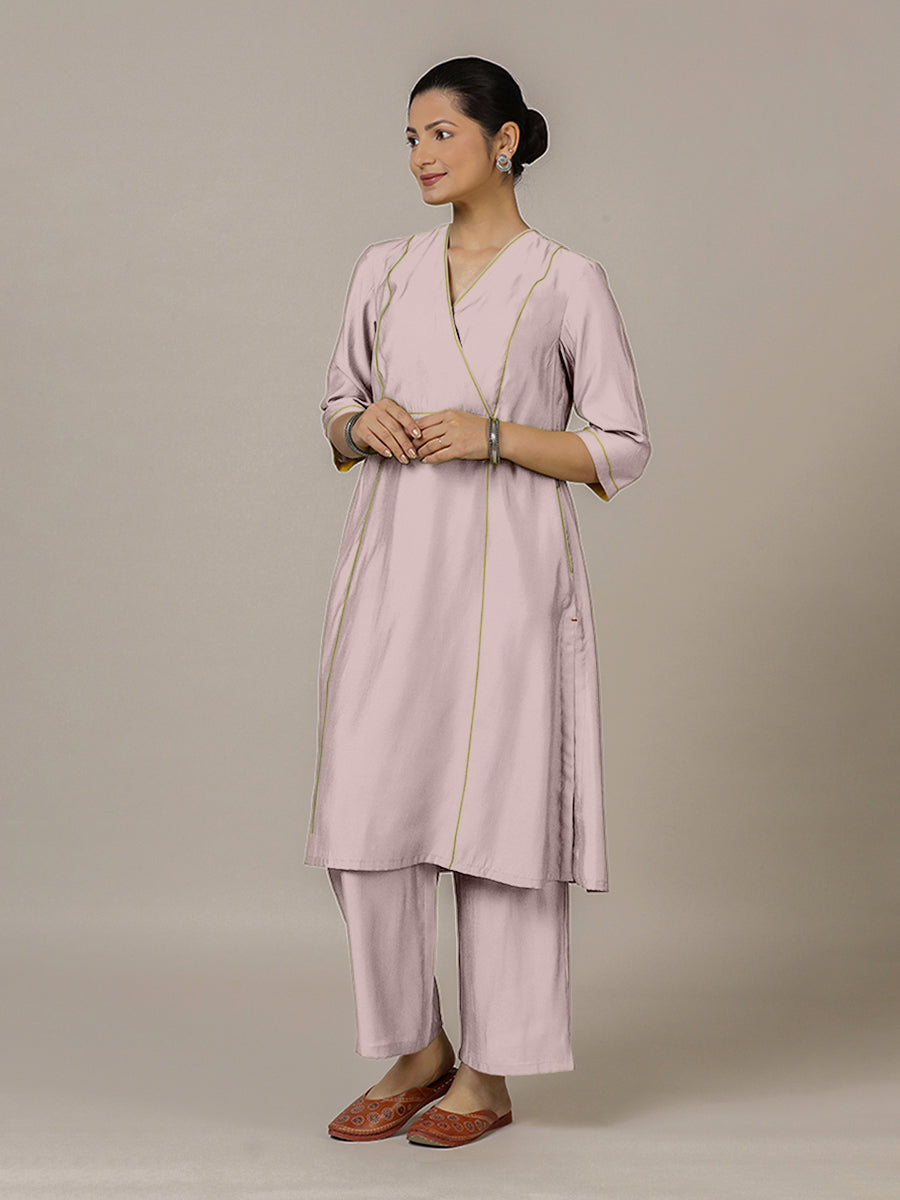 Amal x Rozaana Kurta, in Purple Viscose, featuring three quarter sleeves and overlap v-neckline, made for daily & work (view 8).