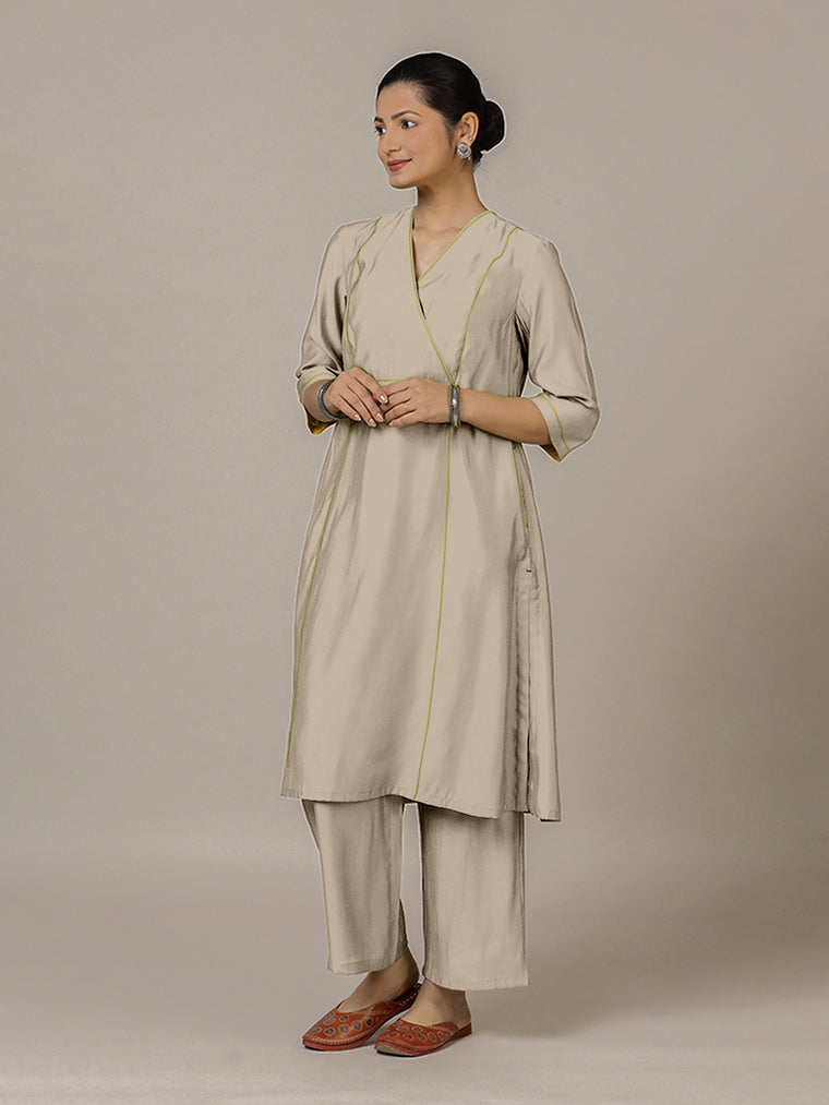 Amal x Rozaana Kurta, in Grey Viscose, featuring three quarter sleeves and overlap v-neckline, made for daily & work.