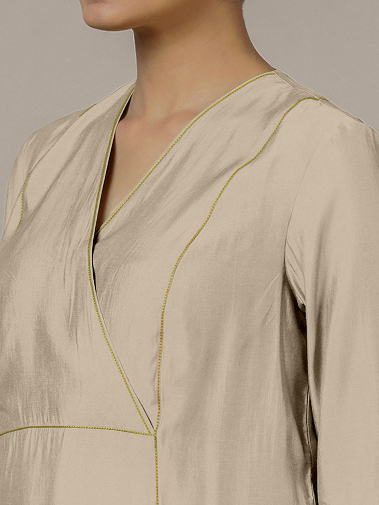 Amal x Rozaana Kurta, in Grey Viscose, featuring three quarter sleeves and overlap v-neckline, made for daily & work (view 3).