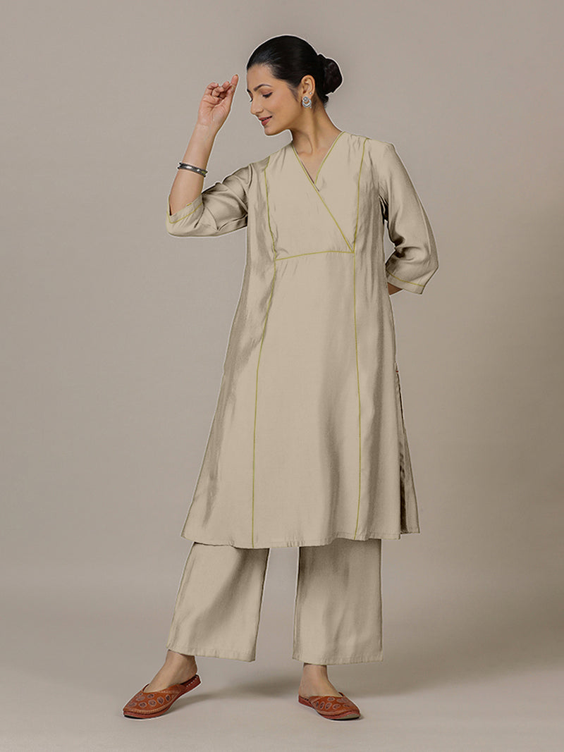Amal x Rozaana | A Line Kurta in Oyster Grey with Thread Work | Coords or Only Kurta-Binks