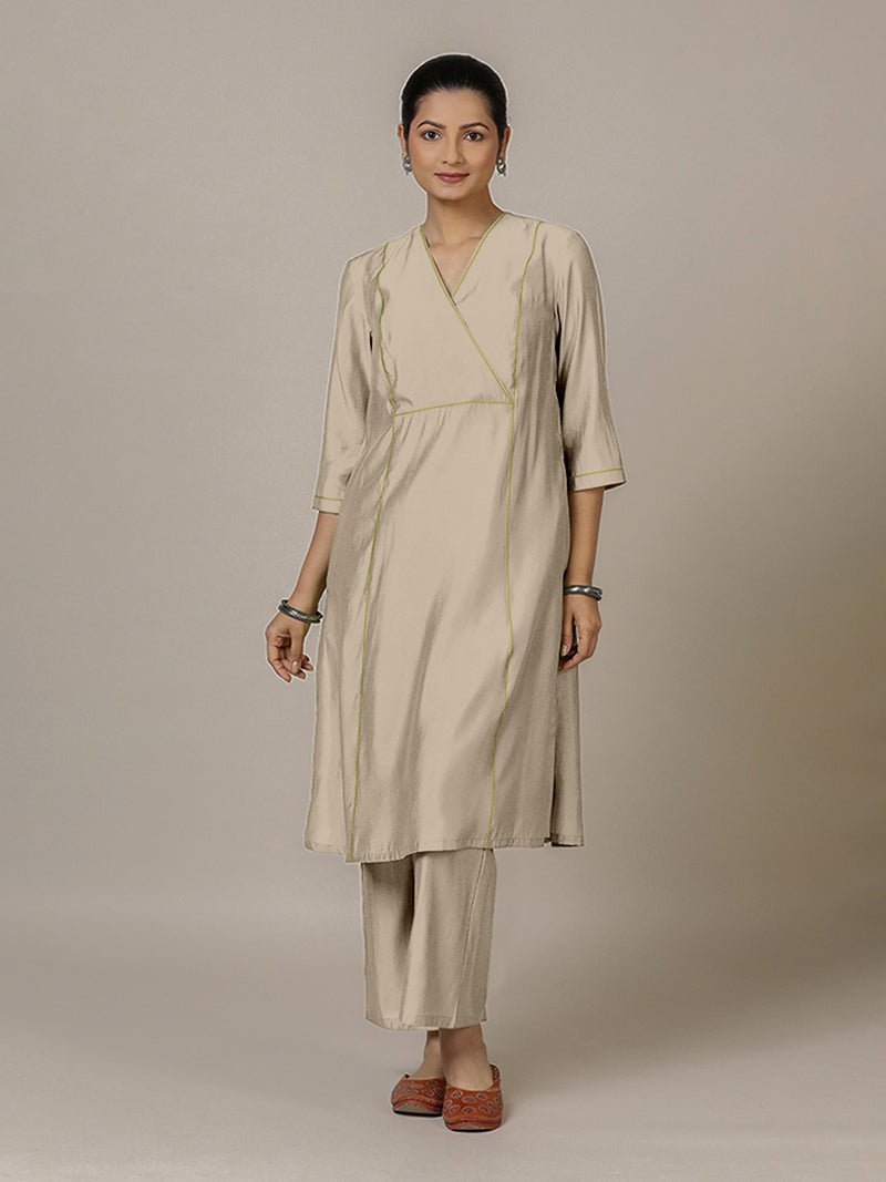 Amal x Rozaana | A Line Kurta in Oyster Grey with Thread Work | Coords or Only Kurta-Binks