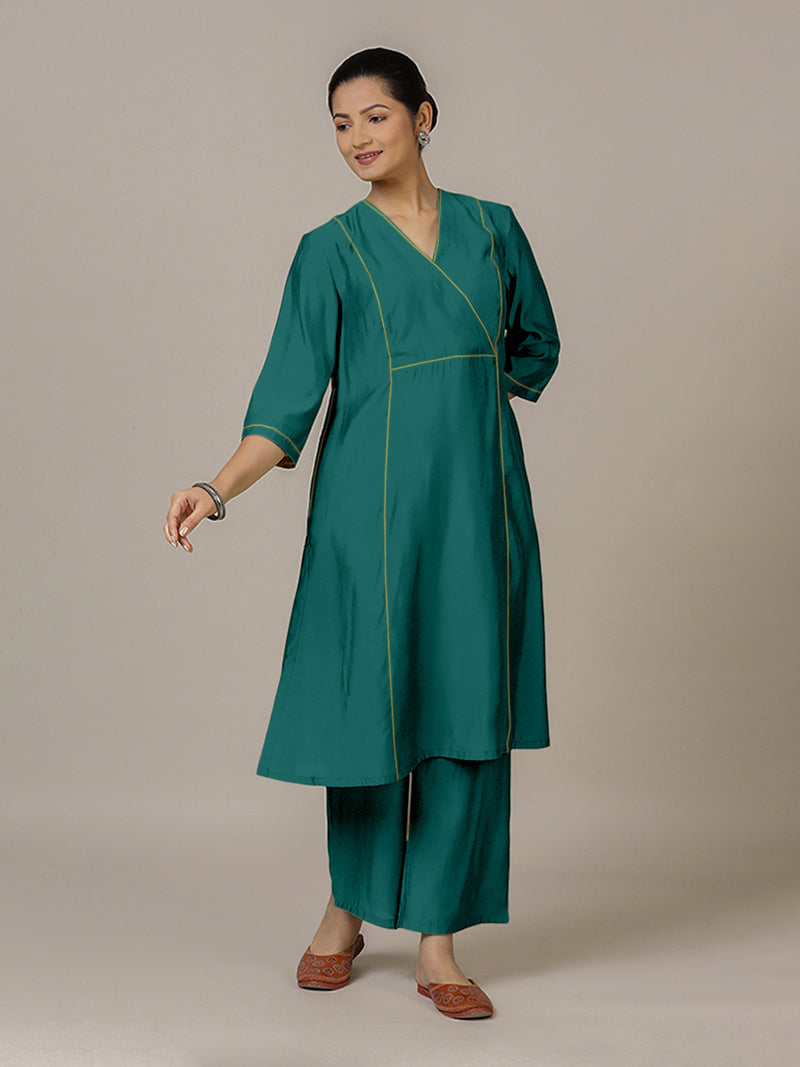 Amal x Rozaana | A Line Kurta in Peacock Green with Thread Work | Coords or Only Kurta-Binks