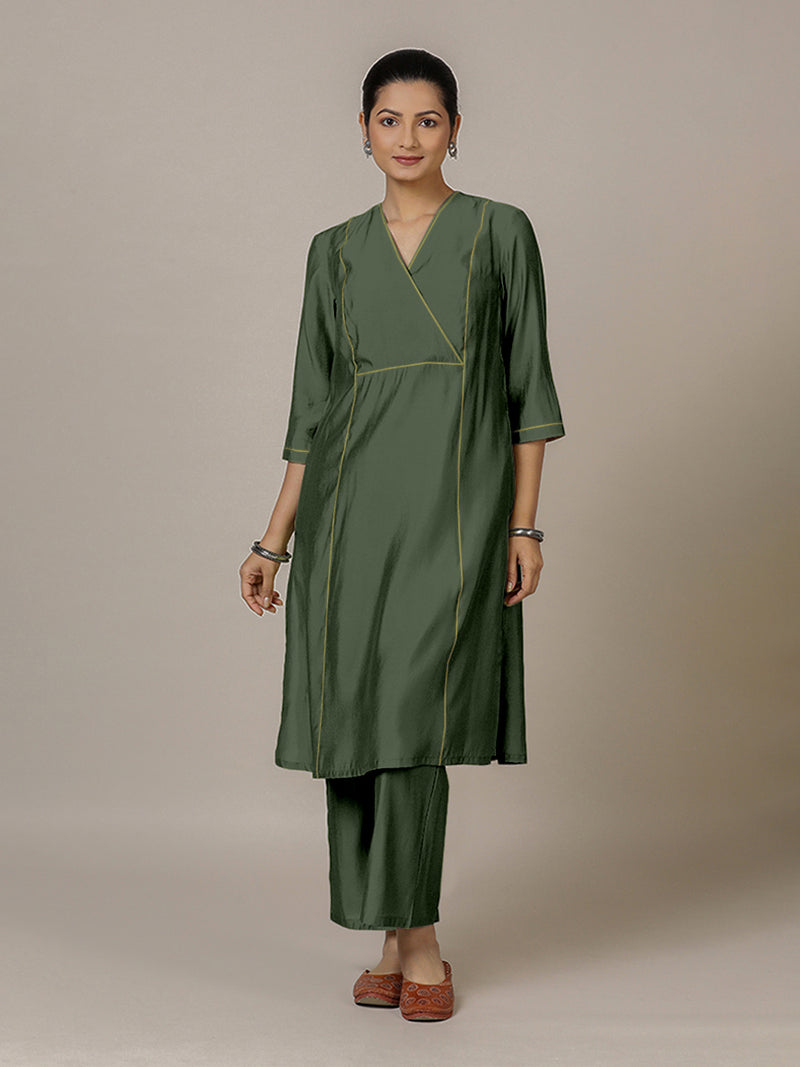 Amal x Rozaana | A Line Kurta in Pine Green with Thread Work | Coords or Only Kurta-Binks