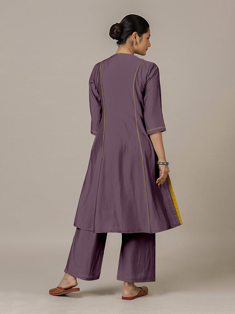 Amal x Rozaana Kurta, in Purple Viscose, featuring three quarter sleeves and overlap v-neckline, made for daily & work (view 2).