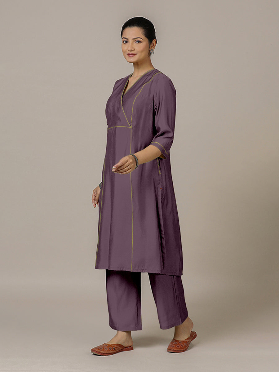 Amal x Rozaana Kurta, in Purple Viscose, featuring three quarter sleeves and overlap v-neckline, made for daily & work (view 8).
