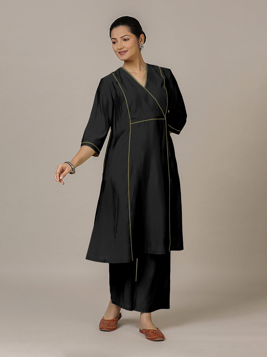 Amal x Rozaana Kurta, in Black Viscose, featuring three quarter sleeves and overlap v-neckline, made for daily & work.
