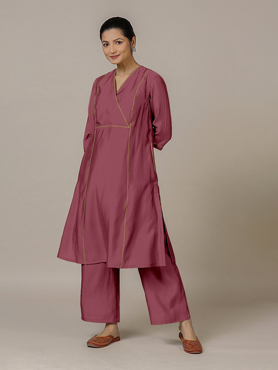 Amal x Rozaana Kurta, in Pink Viscose, featuring three quarter sleeves and overlap v-neckline, made for daily & work.