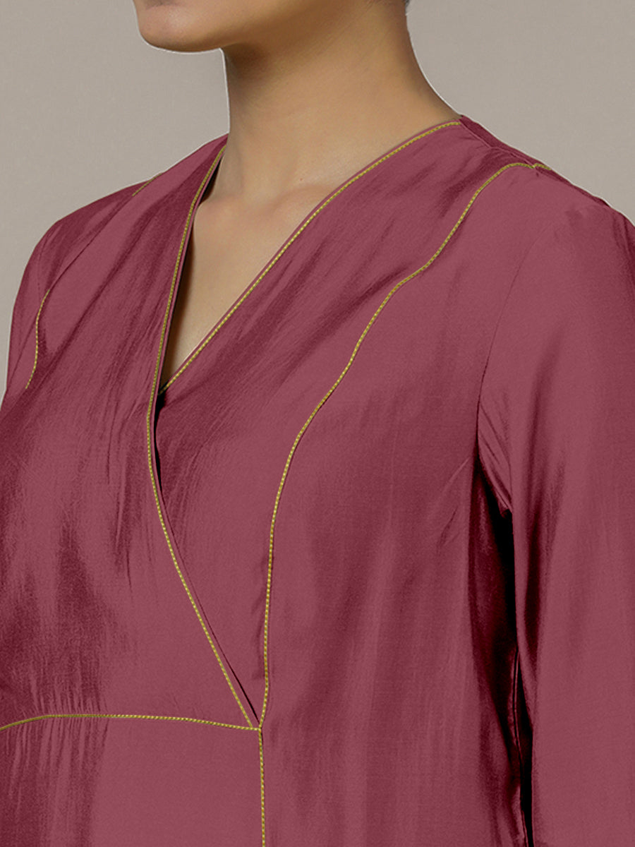 Amal x Rozaana Kurta, in Pink Viscose, featuring three quarter sleeves and overlap v-neckline, made for daily & work (view 3).