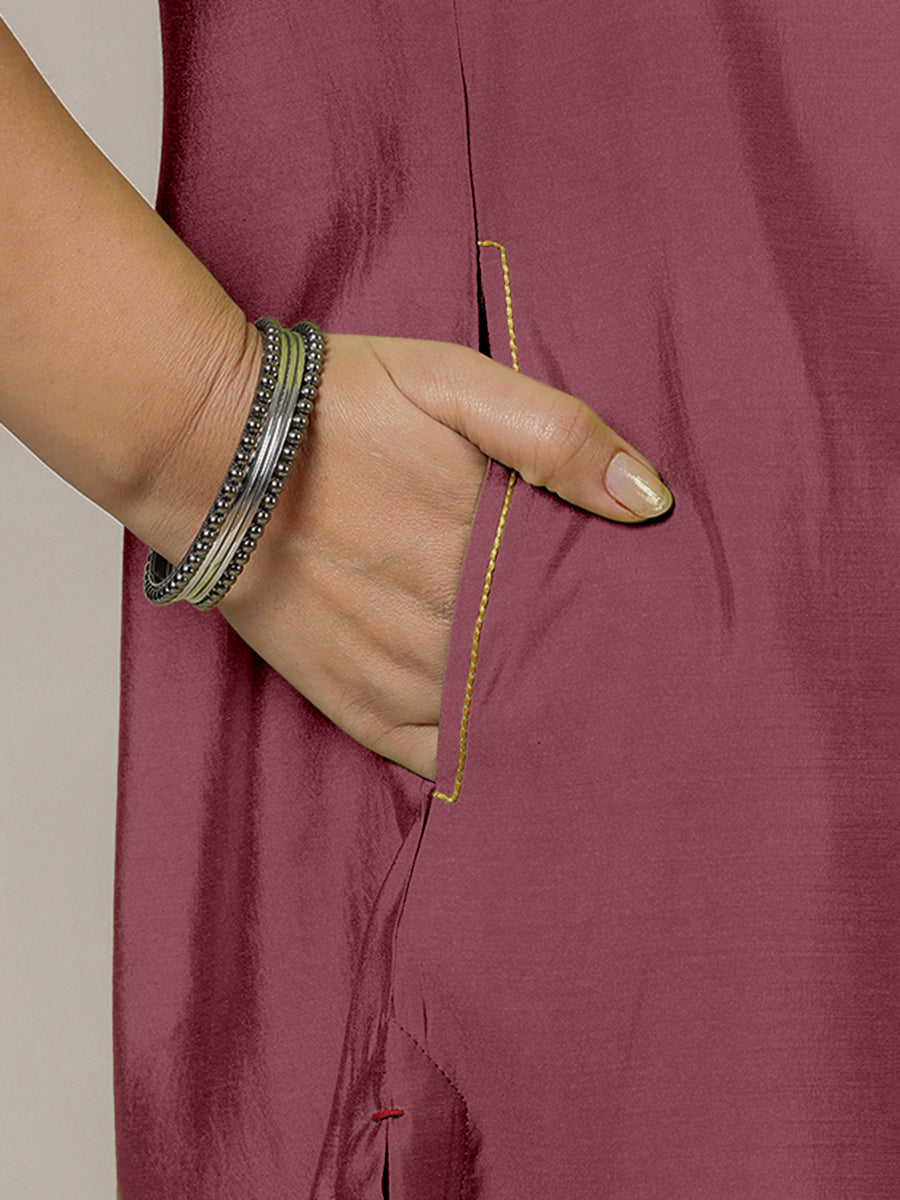 Amal x Rozaana Kurta, in Pink Viscose, featuring three quarter sleeves and overlap v-neckline, made for daily & work (view 4).