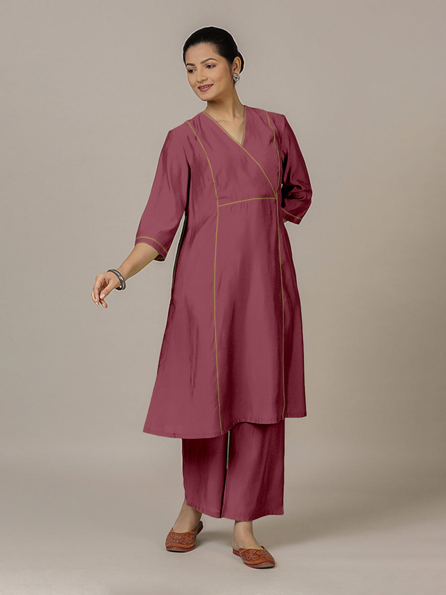 Amal x Rozaana Kurta, in Pink Viscose, featuring three quarter sleeves and overlap v-neckline, made for daily & work (view 5).