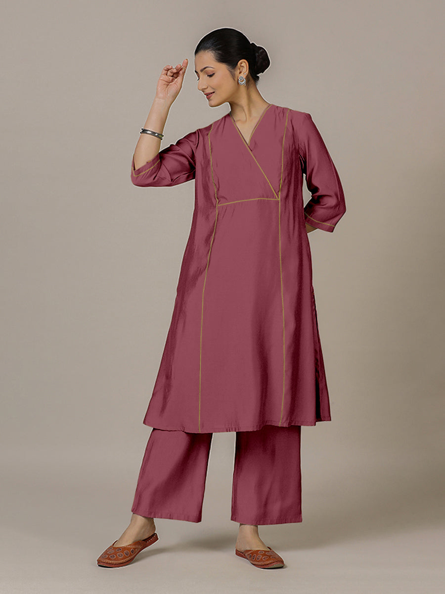 Amal x Rozaana Kurta, in Pink Viscose, featuring three quarter sleeves and overlap v-neckline, made for daily & work (view 6).