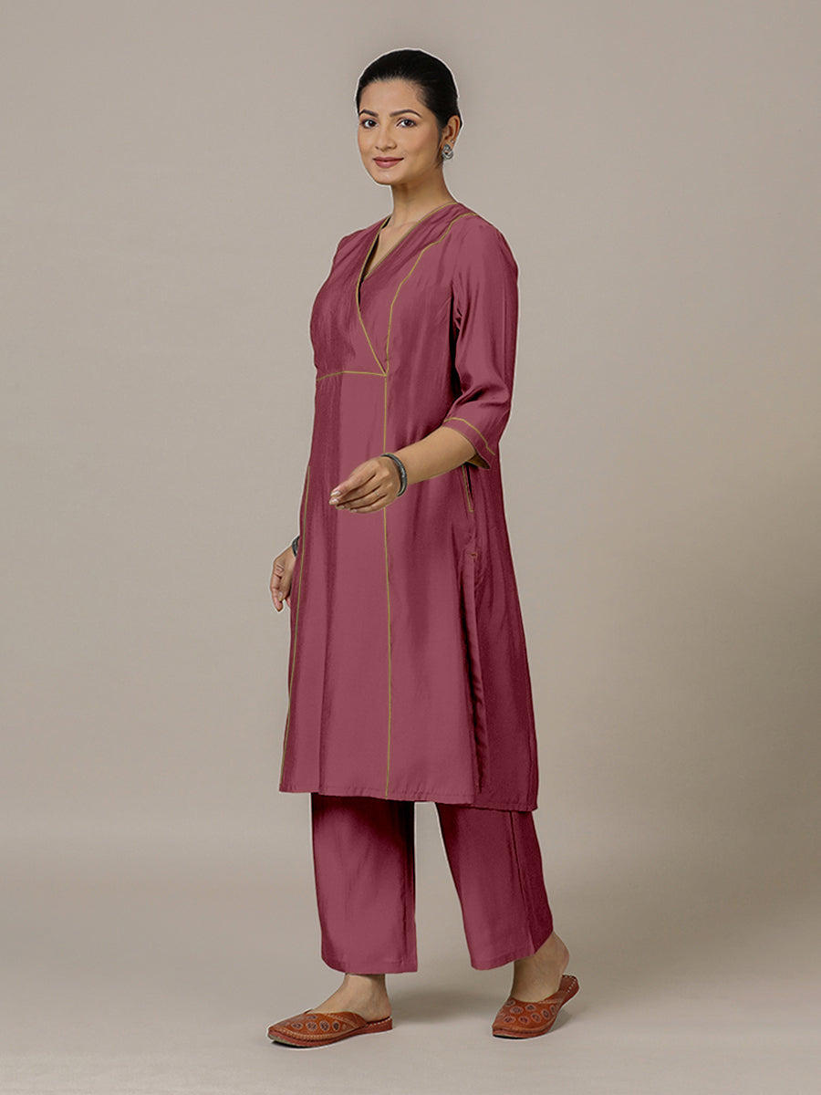 Amal x Rozaana Kurta, in Pink Viscose, featuring three quarter sleeves and overlap v-neckline, made for daily & work (view 7).