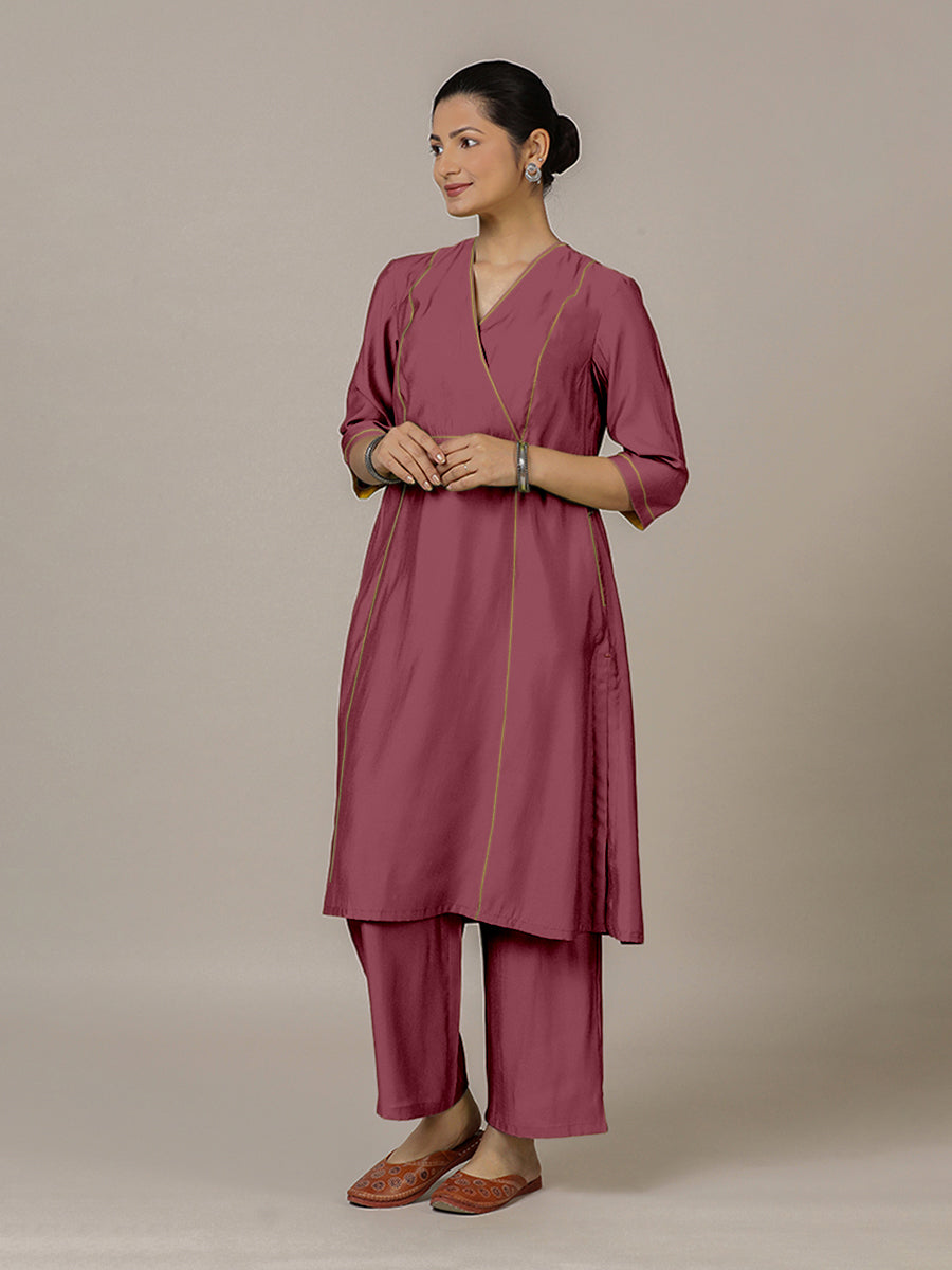 Amal x Rozaana Kurta, in Pink Viscose, featuring three quarter sleeves and overlap v-neckline, made for daily & work (view 8).