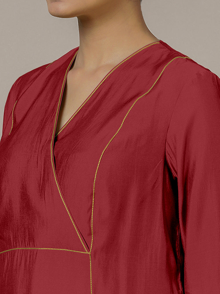 Amal x Rozaana Kurta, in Red Viscose, featuring three quarter sleeves and overlap v-neckline, made for daily & work (view 3).