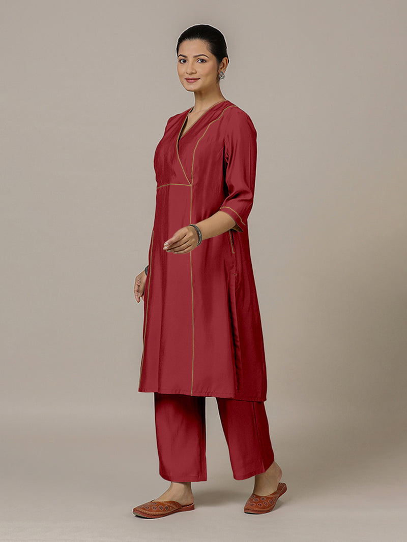 Amal x Rozaana | A Line Kurta in Scarlet Red with Thread Work | Coords or Only Kurta-Binks