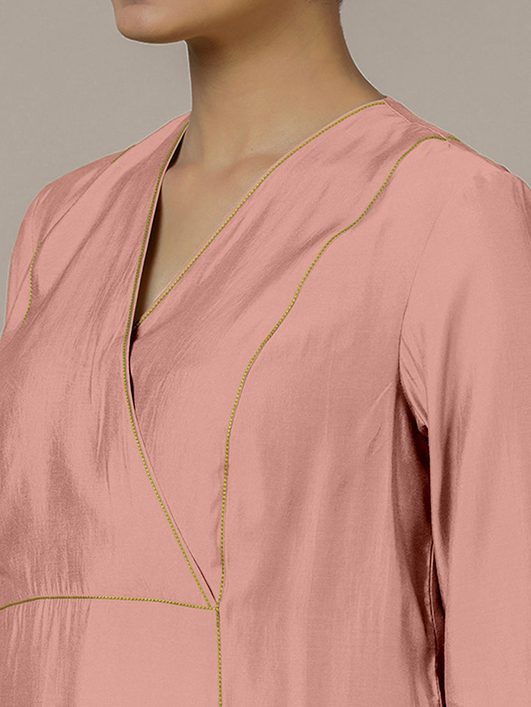 Amal x Rozaana Kurta, in Pink Viscose, featuring three quarter sleeves and overlap v-neckline, made for daily & work (view 3).