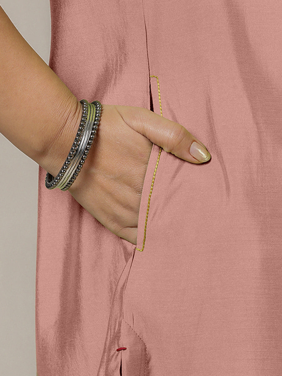 Amal x Rozaana Kurta, in Pink Viscose, featuring three quarter sleeves and overlap v-neckline, made for daily & work (view 4).