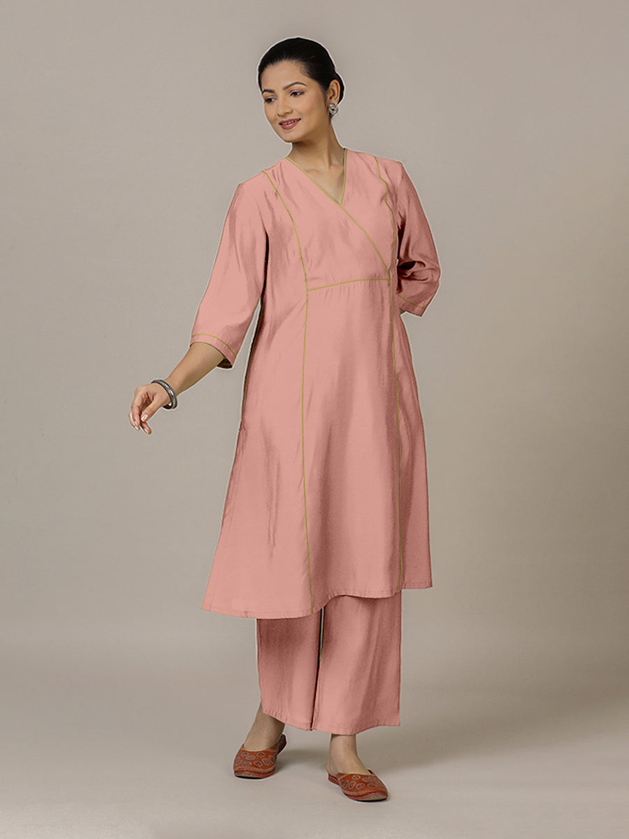 Amal x Rozaana Kurta, in Pink Viscose, featuring three quarter sleeves and overlap v-neckline, made for daily & work (view 5).