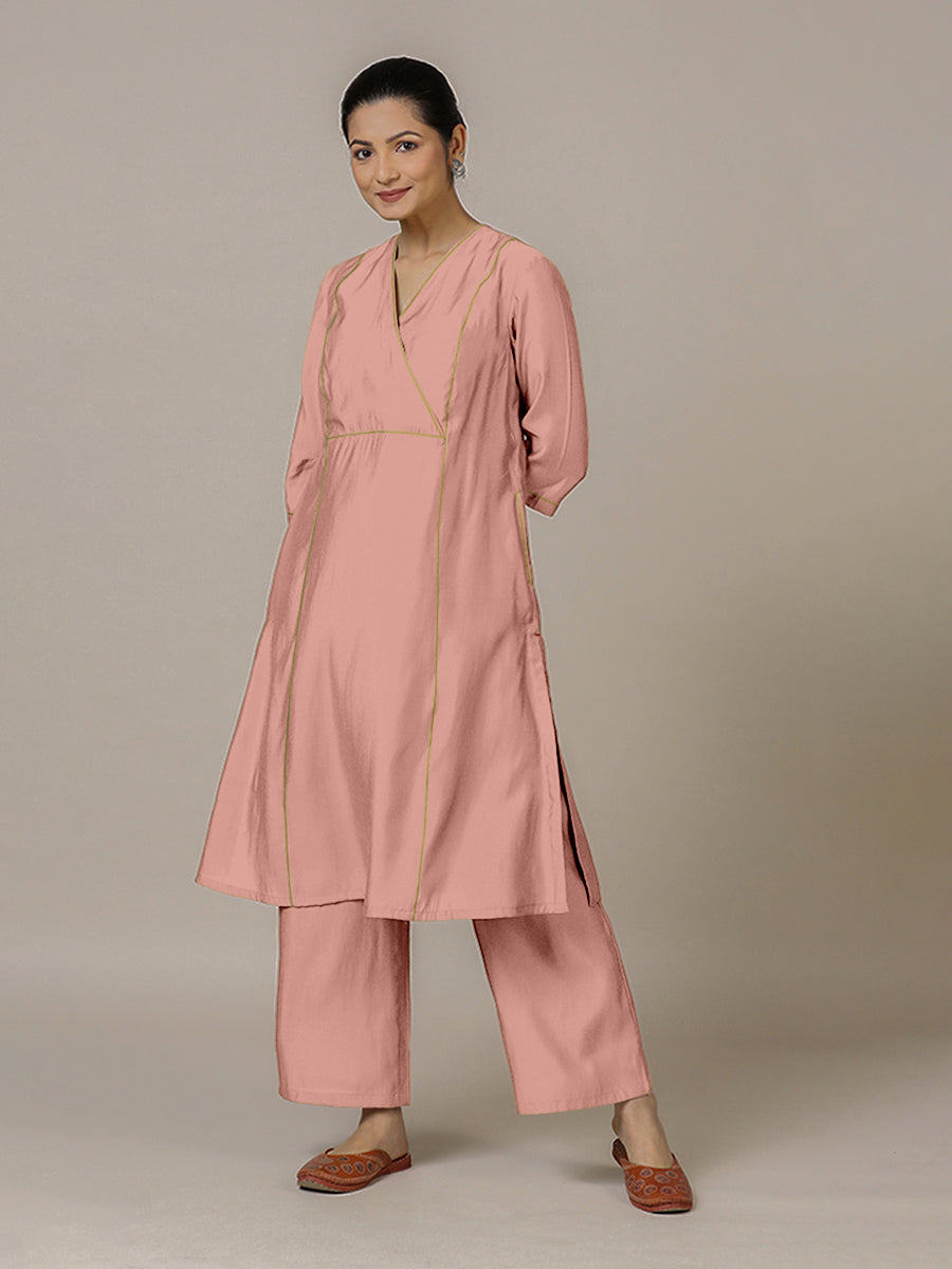 Amal x Rozaana Kurta, in Pink Viscose, featuring three quarter sleeves and overlap v-neckline, made for daily & work (view 6).
