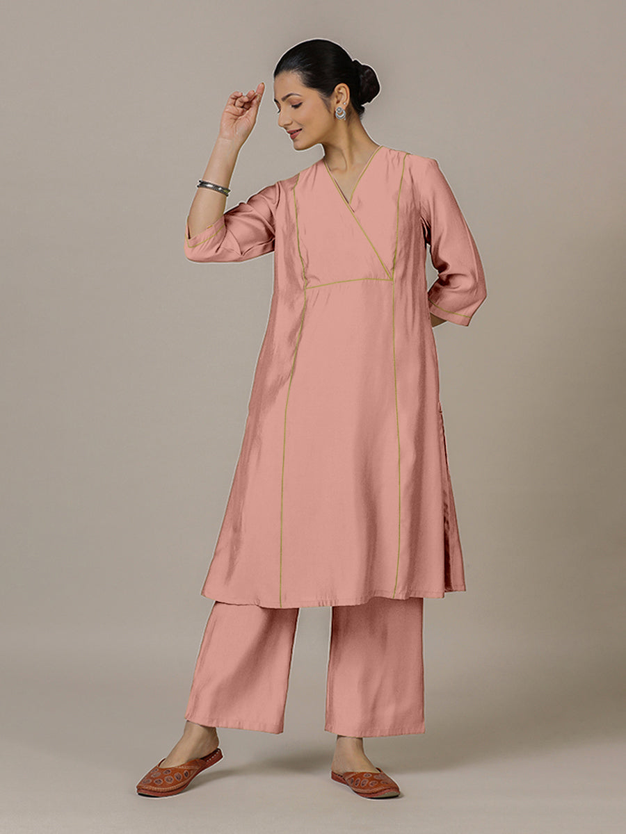 Amal x Rozaana Kurta, in Pink Viscose, featuring three quarter sleeves and overlap v-neckline, made for daily & work (view 7).