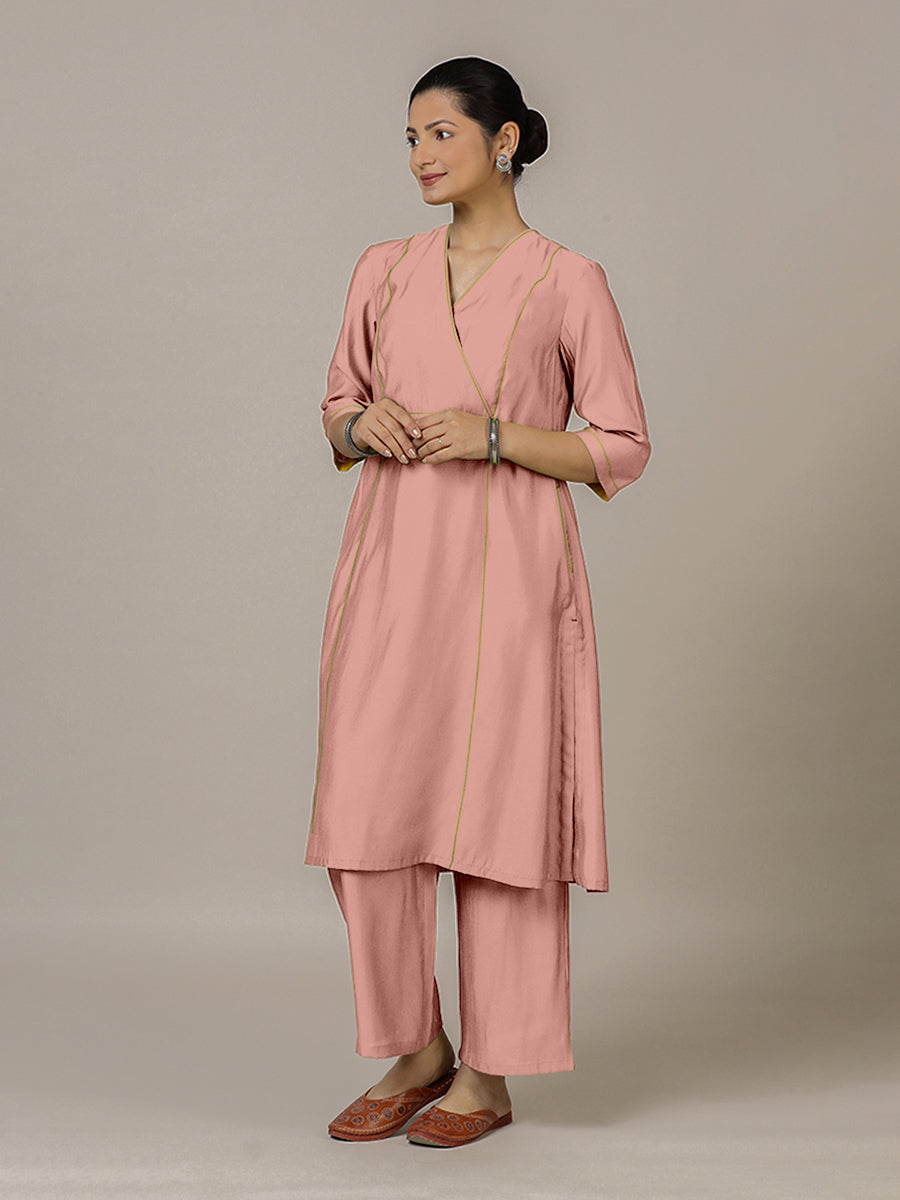 Amal x Rozaana Kurta, in Pink Viscose, featuring three quarter sleeves and overlap v-neckline, made for daily & work (view 8).