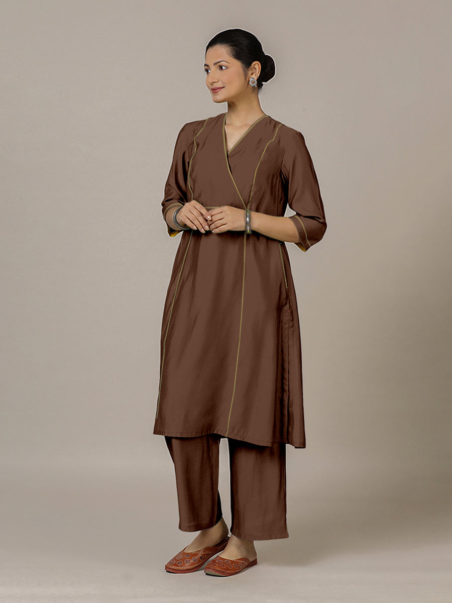 Amal x Rozaana | A Line Kurta in Walnut Brown with Thread Work | Coords or Only Kurta