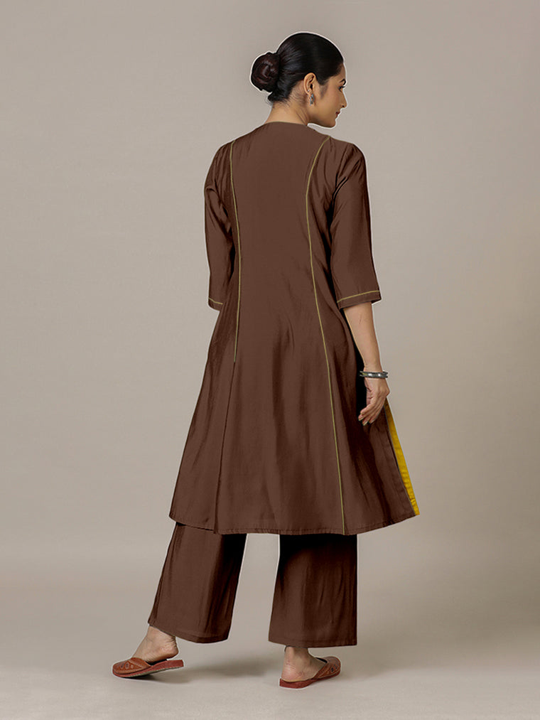 Amal x Rozaana Kurta, in Brown Viscose, featuring three quarter sleeves and overlap v-neckline, made for daily & work (view 2).