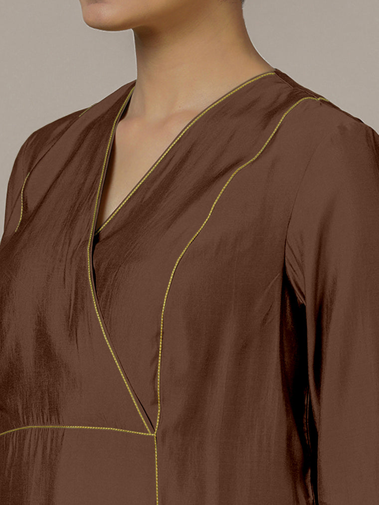 Amal x Rozaana Kurta, in Brown Viscose, featuring three quarter sleeves and overlap v-neckline, made for daily & work (view 3).