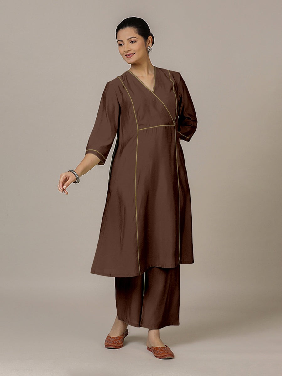 Amal x Rozaana Kurta, in Brown Viscose, featuring three quarter sleeves and overlap v-neckline, made for daily & work (view 5).