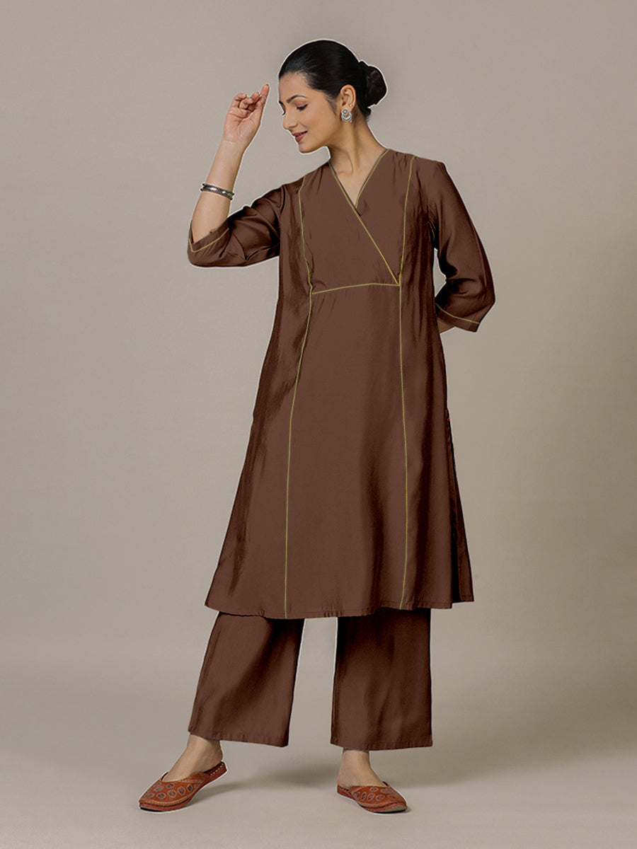 Amal x Rozaana Kurta, in Brown Viscose, featuring three quarter sleeves and overlap v-neckline, made for daily & work (view 7).