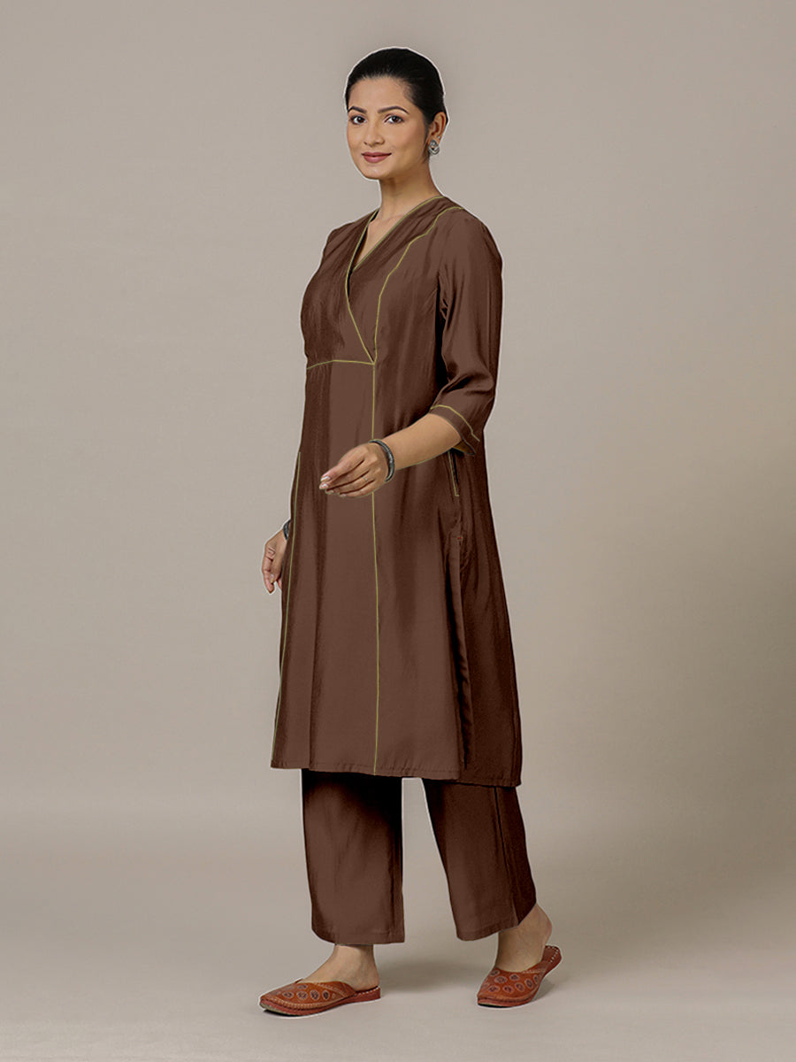 Amal x Rozaana Kurta, in Brown Viscose, featuring three quarter sleeves and overlap v-neckline, made for daily & work (view 8).